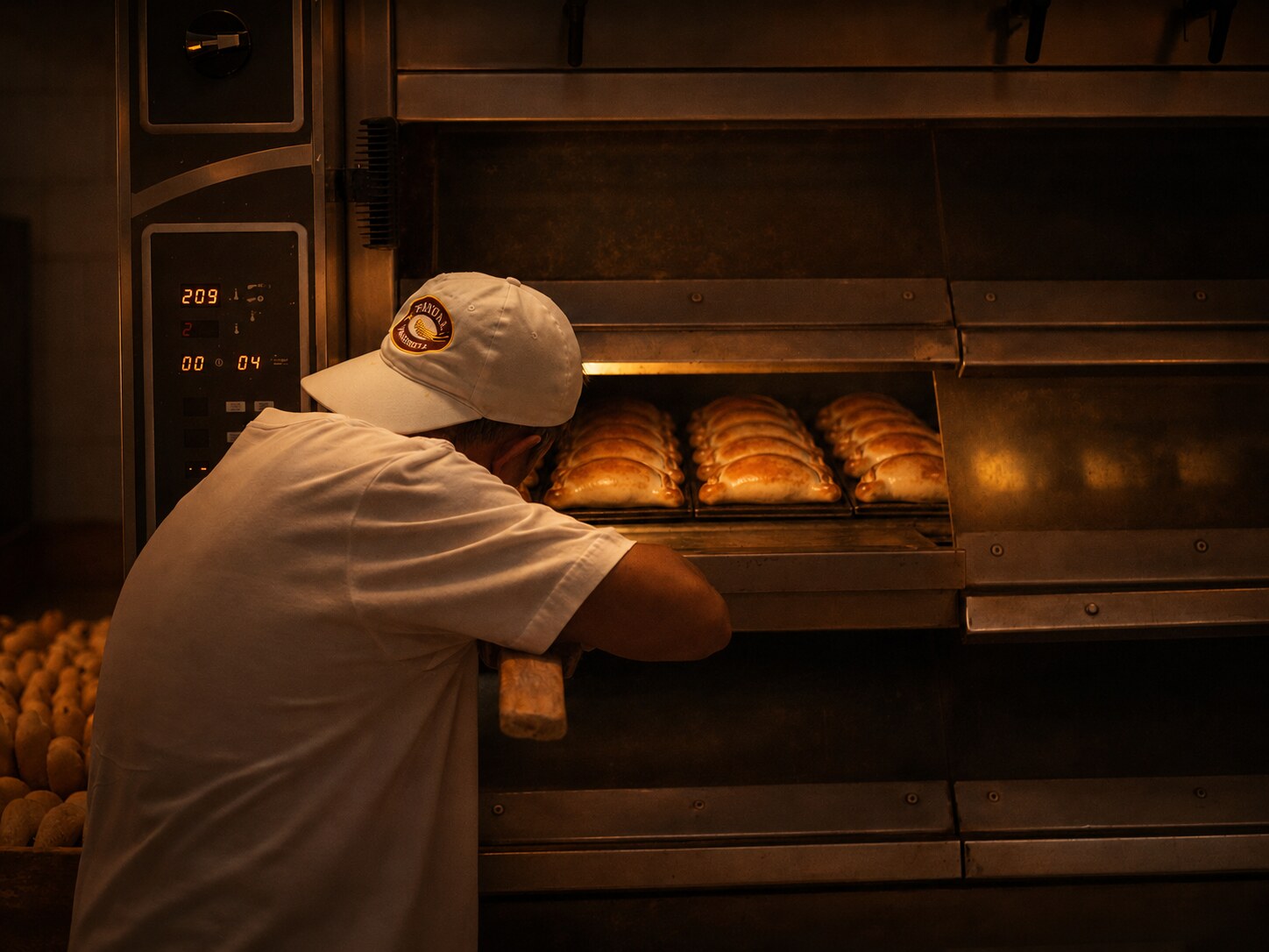 Panadero de Trigal revisando la producción en el horno