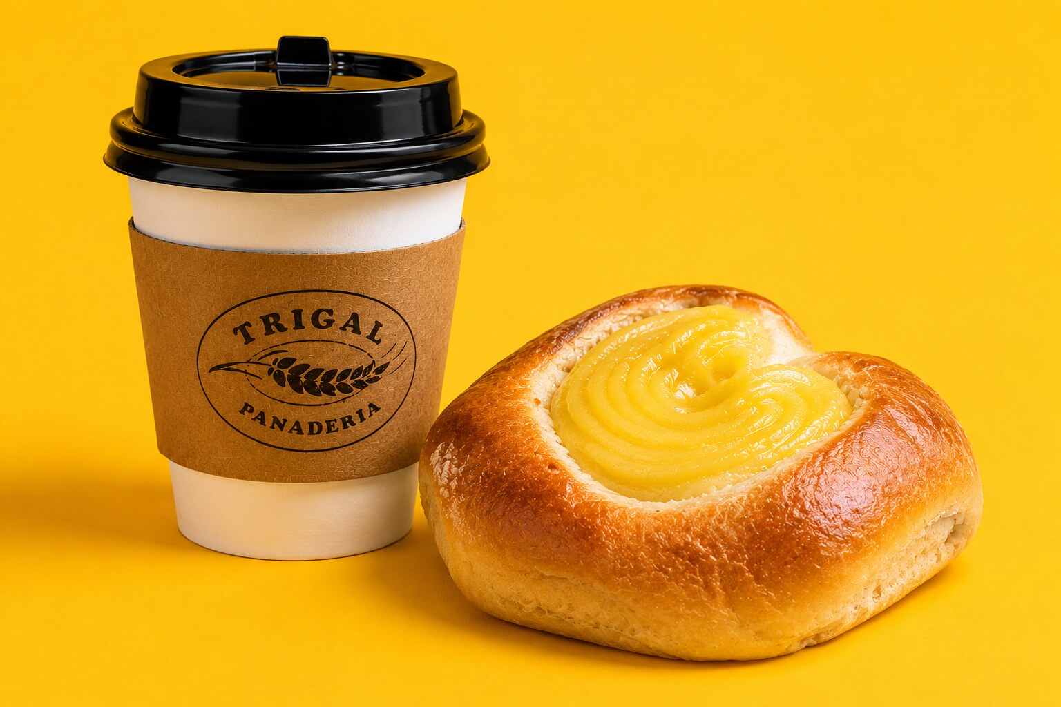 Pastel individual con crema acompañado de café de Panadería Trigal